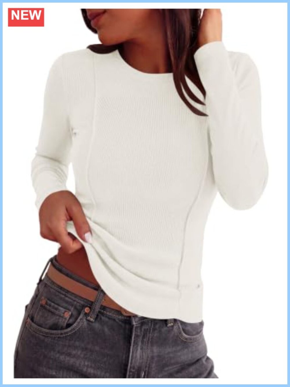 LOMON Ribbed Long Sleeve Crew Neck Fitted Tee Y2k Layering Top